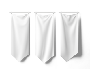 Three blank white banners displayed on rods against a transparent background, ready for customization and decoration