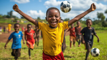 Obraz premium Children celebrating after scoring goal, arms raised in joy, showcasing their excitement and teamwork on soccer field. vibrant atmosphere captures essence of youth sports