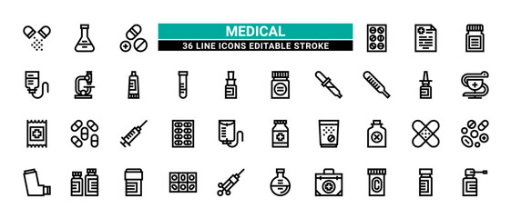 36 Medical Line Icons Set Pack Editable Stroke Vector Illustration.