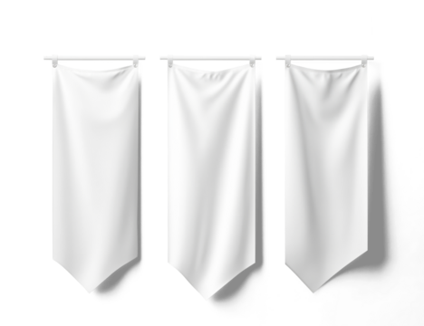 Three blank white banners displayed on rods against a transparent background, ready for customization and decoration