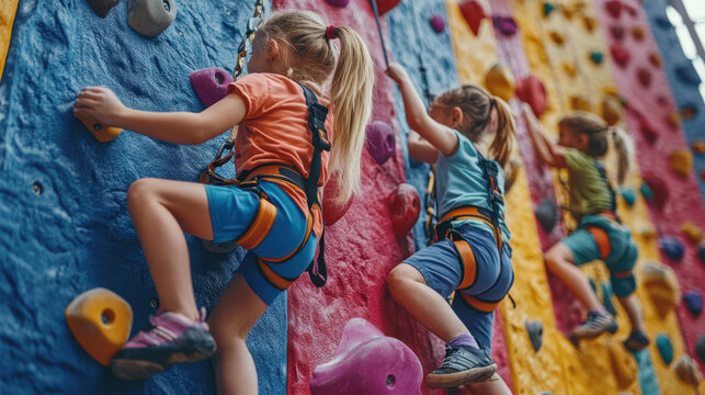 Children joyfully climbing colorful indoor rock walls, showcasing their adventurous spirit and teamwork. vibrant colors and dynamic poses create an atmosphere of excitement and fun