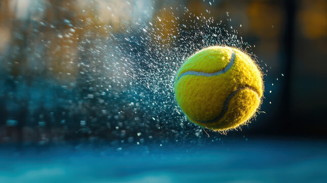 A close up of tennis ball spinning in mid air, surrounded by spray of water droplets, captures dynamic motion and energy of game. vibrant yellow color contrasts beautifully with blurred background, ev