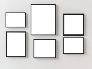 A collection of six empty black-framed artworks arranged on a light wall for personalized decoration ideas