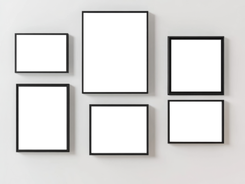 A collection of six empty black-framed artworks arranged on a light wall for personalized decoration ideas