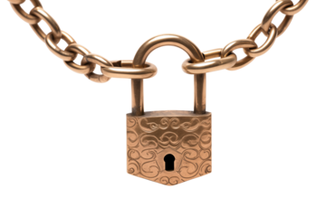 Front View To a lock padlock Attached to a chain PNG isolated on white and transparent background - Secured Steel lock Protection Metal padlock Security Concept