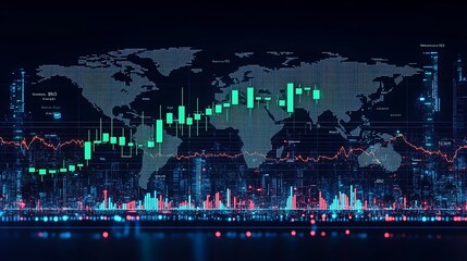Obraz premium A vibrant cryptocurrency chart with green candlesticks rising steeply, set against a glowing world map, flashing crypto symbols marking regions of high trading activity, bright financial hubs,