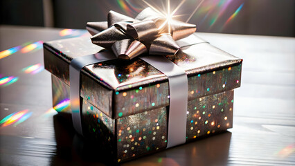 Fototapeta premium Flat Macro of Holographic Gift Box with Shiny Ribbon: Joy of Giving in Vibrant Colors for Christmas - Celebrating the Festive Spirit in Vector Illustration
