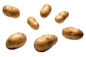 Obraz premium Close Up To a Set Of Yukon Flying or floating Fresh gold potatoes PNG in air isolated on white and transparent background - Golden Organic potato Fries Making Concept