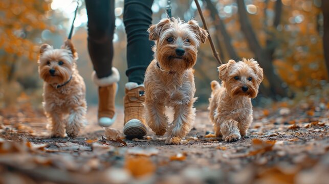 A woman walking with three Yorkshire terrier dogs in park.