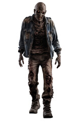 Fototapeta premium Full Body Male Scary zombie PNG isolated on white and transparent background - Fearsome Ghoulish Creepy Human Dead Monster Halloween Horror Concept