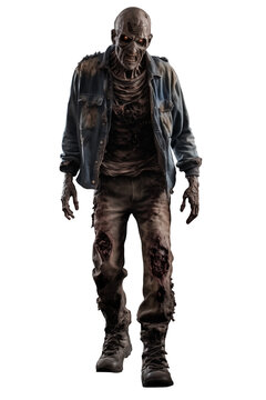  Full Body Male Scary zombie PNG isolated on white and transparent background - Fearsome Ghoulish Creepy Human Dead Monster Halloween Horror Concept
