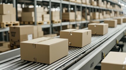 Cardboard Boxes Moving on Conveyor Belt in Warehouse