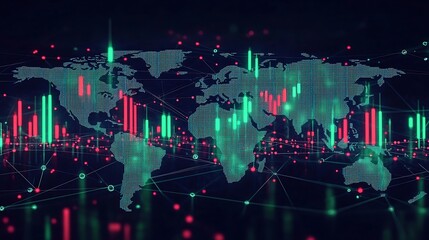 Obraz premium Fluctuating green and red candlesticks representing global cryptocurrency market volatility, projected over a pulsating world map, network lines connecting major financial centers,