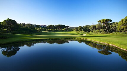 A golf course with a striking water hazard, the reflective surface mirroring the lush greens and clear blue sky, the scene framed by well-maintained fairways and strategic bunkers