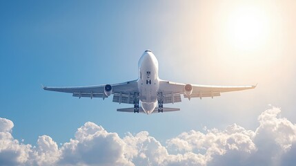 Airplane Landing Through Cloudy Sky with Sun Glare