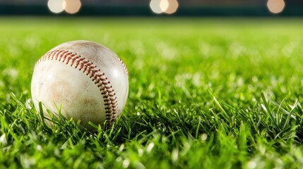 Baseball on Green Grass Field with Lights in Background