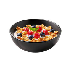 3D model of a bowl of cereal with milk and fresh berries, ultra-sharp and clear, isolated on a white background