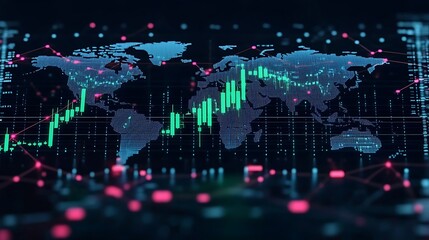 Fototapeta premium Rising green candlestick chart overlaid on a global map with financial centers highlighted in white, glowing network lines connecting continents,