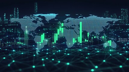 Fototapeta premium Rising green candlestick chart overlaid on a global map with financial centers highlighted in white, glowing network lines connecting continents,
