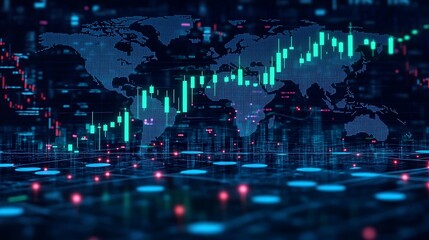 Fototapeta premium Rising green candlesticks on a stock chart, displayed on a glowing blue-toned global map with network nodes illuminating financial hubs, dynamic upward trends in cryptocurrency trading,
