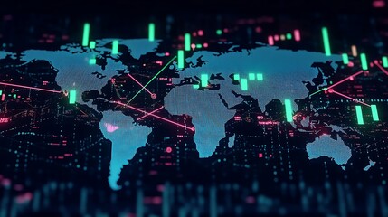 Fototapeta premium Rising green candlesticks on a stock market chart, displayed on a digital world map with bright arrows pointing to financial hubs, glowing lines connecting global cryptocurrency markets,