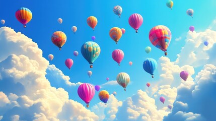 Fototapeta premium A sky filled with vibrant, colorful balloons drifting up, set against a backdrop of fluffy clouds and a realistic, bright blue sky