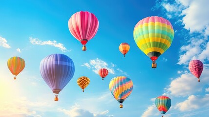 Fototapeta premium Beautiful balloons in vivid colors soaring high in the sky, set against a bright blue sky with light clouds in a realistic and joyful scene