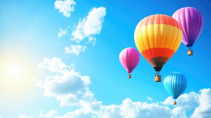 Fototapeta premium Beautiful balloons in vivid colors soaring high in the sky, set against a bright blue sky with light clouds in a realistic and joyful scene