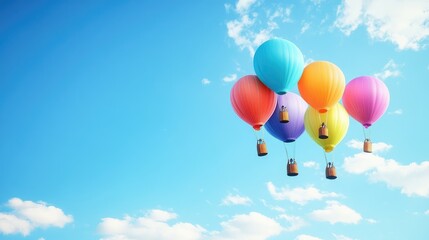 Beautiful balloons in vivid colors soaring high in the sky, set against a bright blue sky with light clouds in a realistic and joyful scene