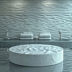 Minimalist modern bathroom interior with textured wall, round ceramic sink, and chrome faucets