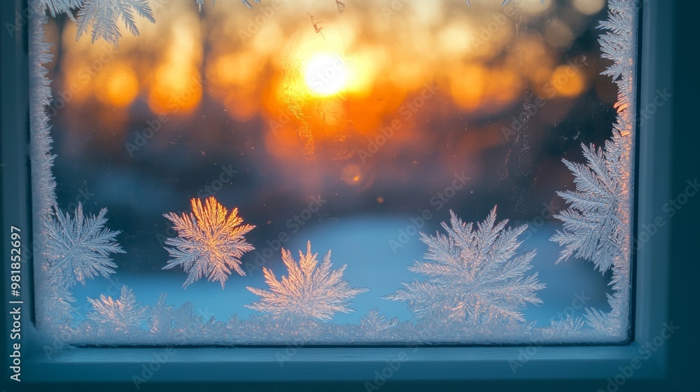 Poster frost patterns on a windowpane with a sunset in the background
