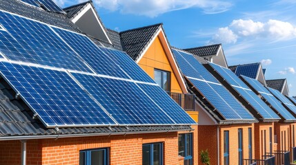 Fototapeta premium Solar Panels on Modern Brick Houses with Blue Sky