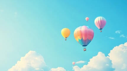 Fototapeta premium Beautiful multicolored balloons soaring high in the sky, with a stunning blue backdrop and light clouds, creating a joyful, realistic scene