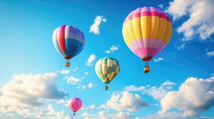 Fototapeta premium Beautiful multicolored balloons soaring high in the sky, with a stunning blue backdrop and light clouds, creating a joyful, realistic scene