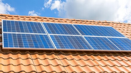 Solar Panels on Tile Roof with Blue Sky and Clouds