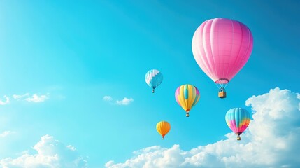 Fototapeta premium Stunning colorful balloons soaring through the sky on a clear, sunny day, with a realistic blue sky and soft white clouds in the background