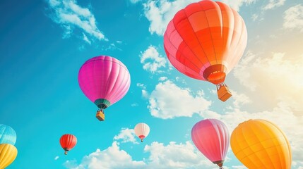 Fototapeta premium Stunning colorful balloons soaring through the sky on a clear, sunny day, with a realistic blue sky and soft white clouds in the background