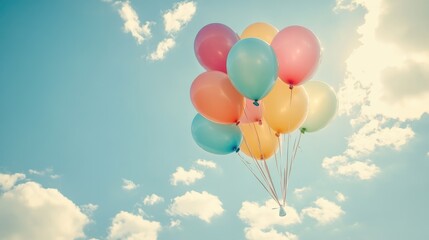 Fototapeta premium A cluster of colorful balloons floating freely against a clear sky, with bright clouds and a sunny, realistic background creating a festive mood