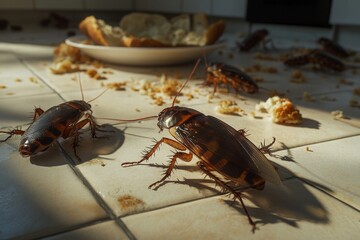 Cockroaches on Kitchen Countertop with Crumbs