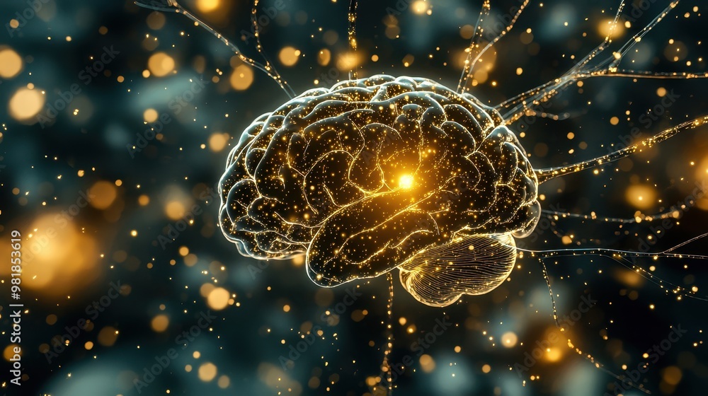 Poster abstract glowing human brain with sparkles and bokeh effect