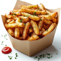 French Fries in a Paper Bucket with Ketchup, Isolated on a White Background &ndash; Studio Shot

