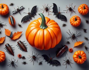 Halloween concept. Top view photo of pumpkins bats skull crossed bones silhouettes centipedes and spiders on isolated grey background with copyspace
