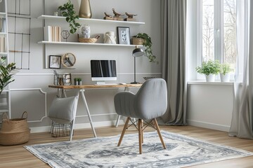Modern home office with trestle desk, white shelves, grey chair, Scandinavian rug, neutral tones, high-definition photography in Instagram style.