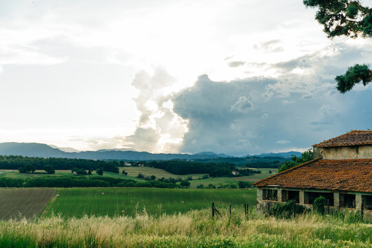 Sentiero degli Dei. Village and wind wind turbine along the Path of the Gods. San Benedetto val di Sambro, Bologna Province, Emilia Romagna, Italy.