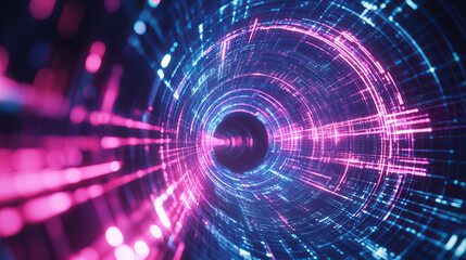 Obraz premium Abstract neon lights into digital technology tunnel. Futuristic technology abstract background with lines for network, 