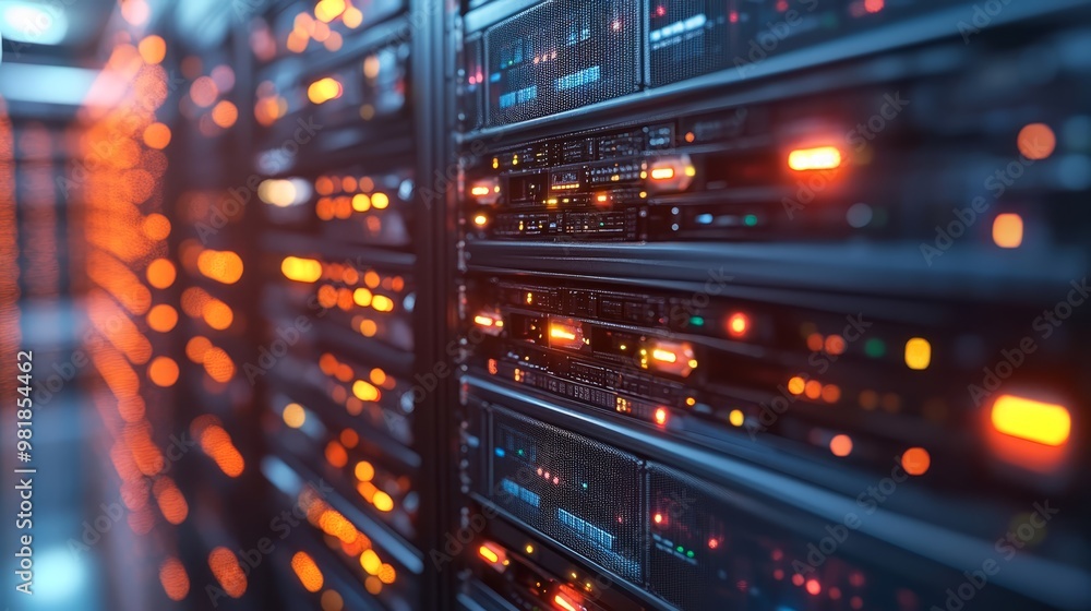 Poster server rack with blinking lights in a data center