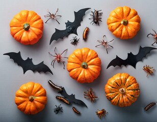 Halloween concept. Top view photo of pumpkins bats skull crossed bones silhouettes centipedes and spiders on isolated grey background with copyspace