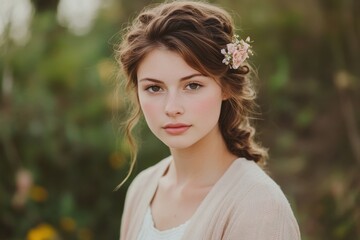 Naklejka premium Close-up portrait of young woman in pastel cardigan with floral hair clip