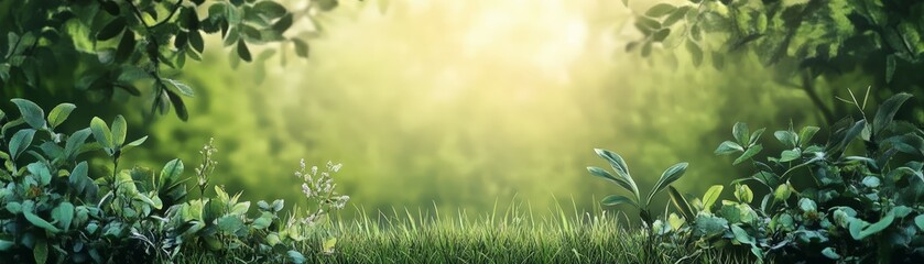 Fototapeta premium Green Leaves and Grass in Sunlight with Blurred Background