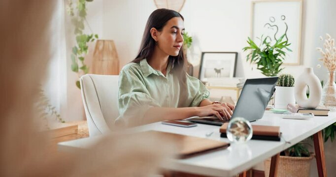 Freelancer, laptop and business woman typing email or creative story for remote work. Computer, startup and writing article in home office for plants or eco friendly blog as environmental journalist
